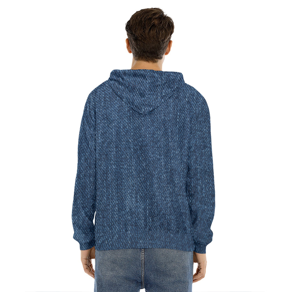 Navy Blue Denim Jeans Print Men's Velvet Pullover Hoodie