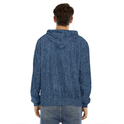 Navy Blue Denim Jeans Print Men's Velvet Pullover Hoodie