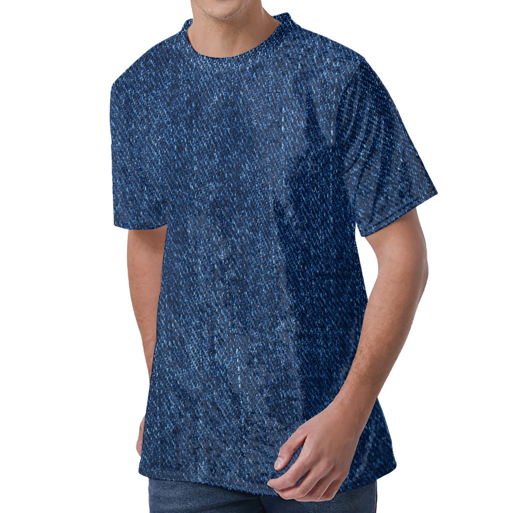 Navy Blue Denim Jeans Print Men's Velvet T-Shirt