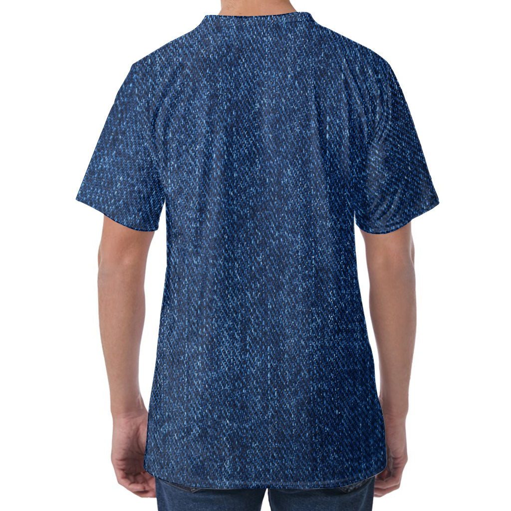 Navy Blue Denim Jeans Print Men's Velvet T-Shirt