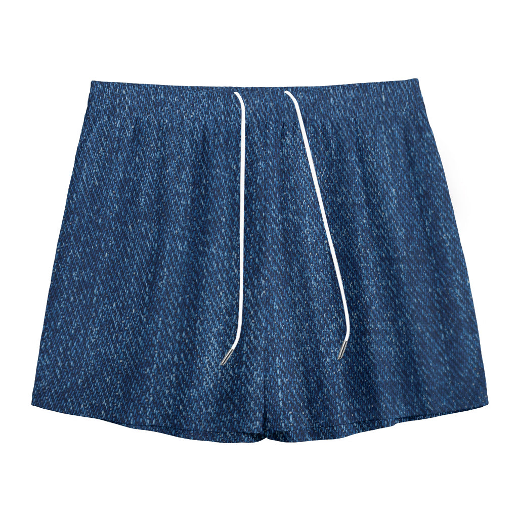 Navy Blue Denim Jeans Print Mesh Shorts