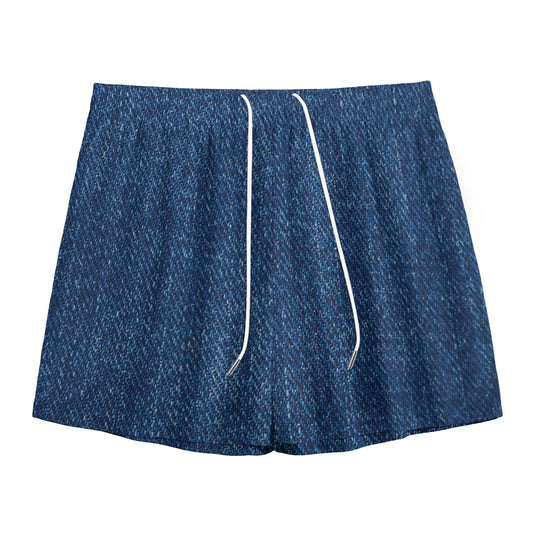 Navy Blue Denim Jeans Print Mesh Shorts