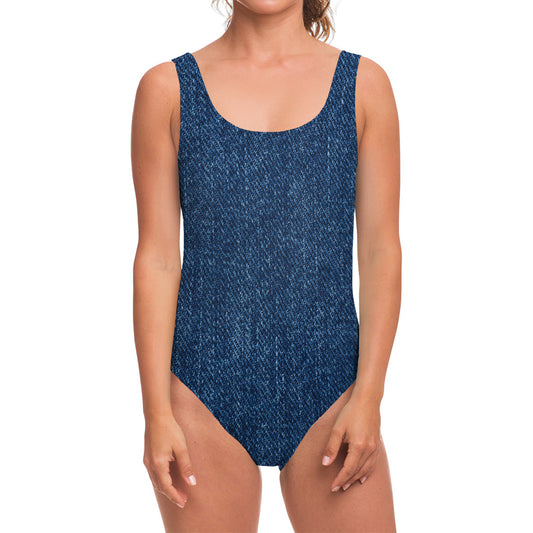 Navy Blue Denim Jeans Print One Piece Swimsuit