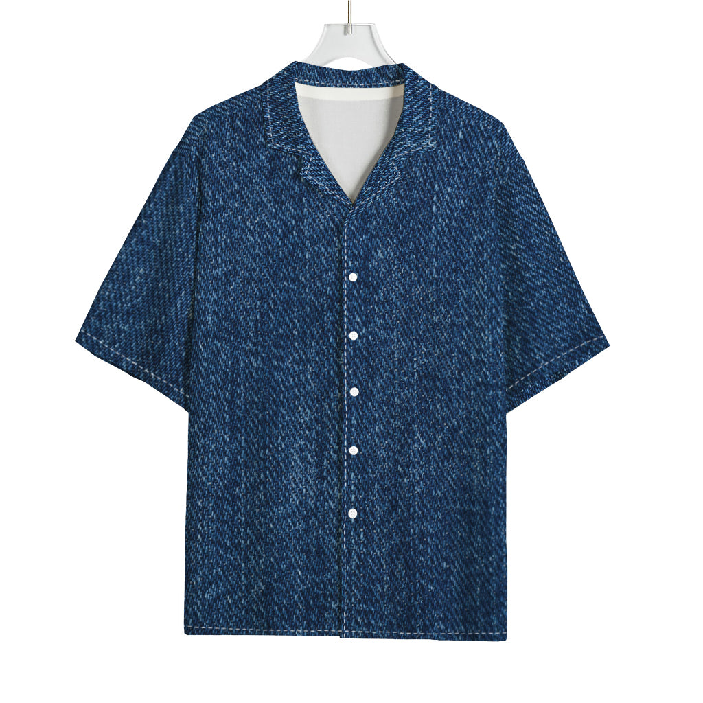 Navy Blue Denim Jeans Print Rayon Hawaiian Shirt