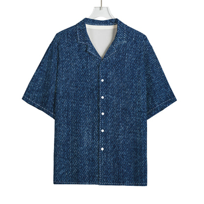 Navy Blue Denim Jeans Print Rayon Hawaiian Shirt