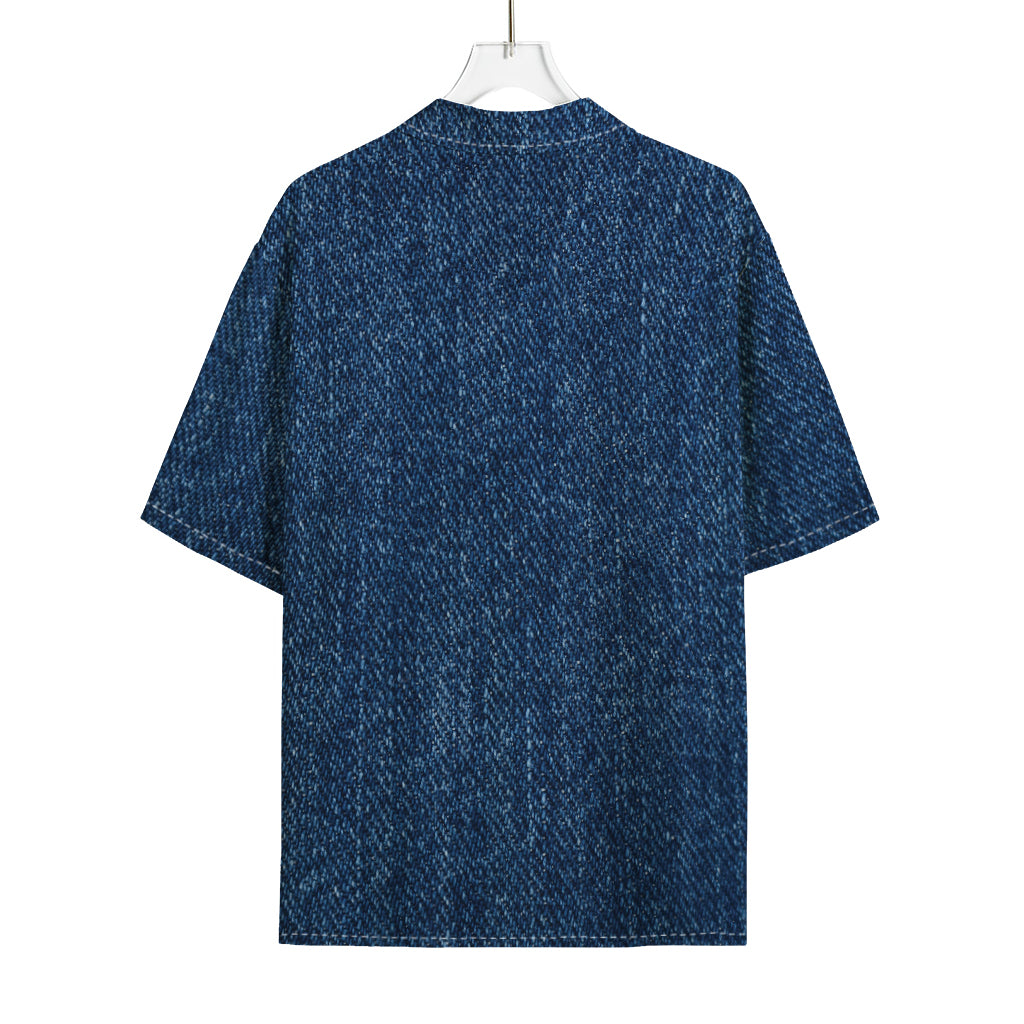 Navy Blue Denim Jeans Print Rayon Hawaiian Shirt