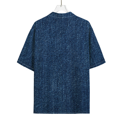 Navy Blue Denim Jeans Print Rayon Hawaiian Shirt