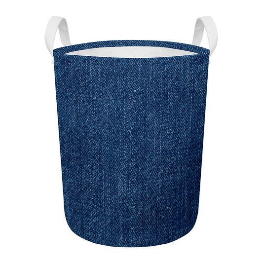 Navy Blue Denim Jeans Print Round Laundry Basket