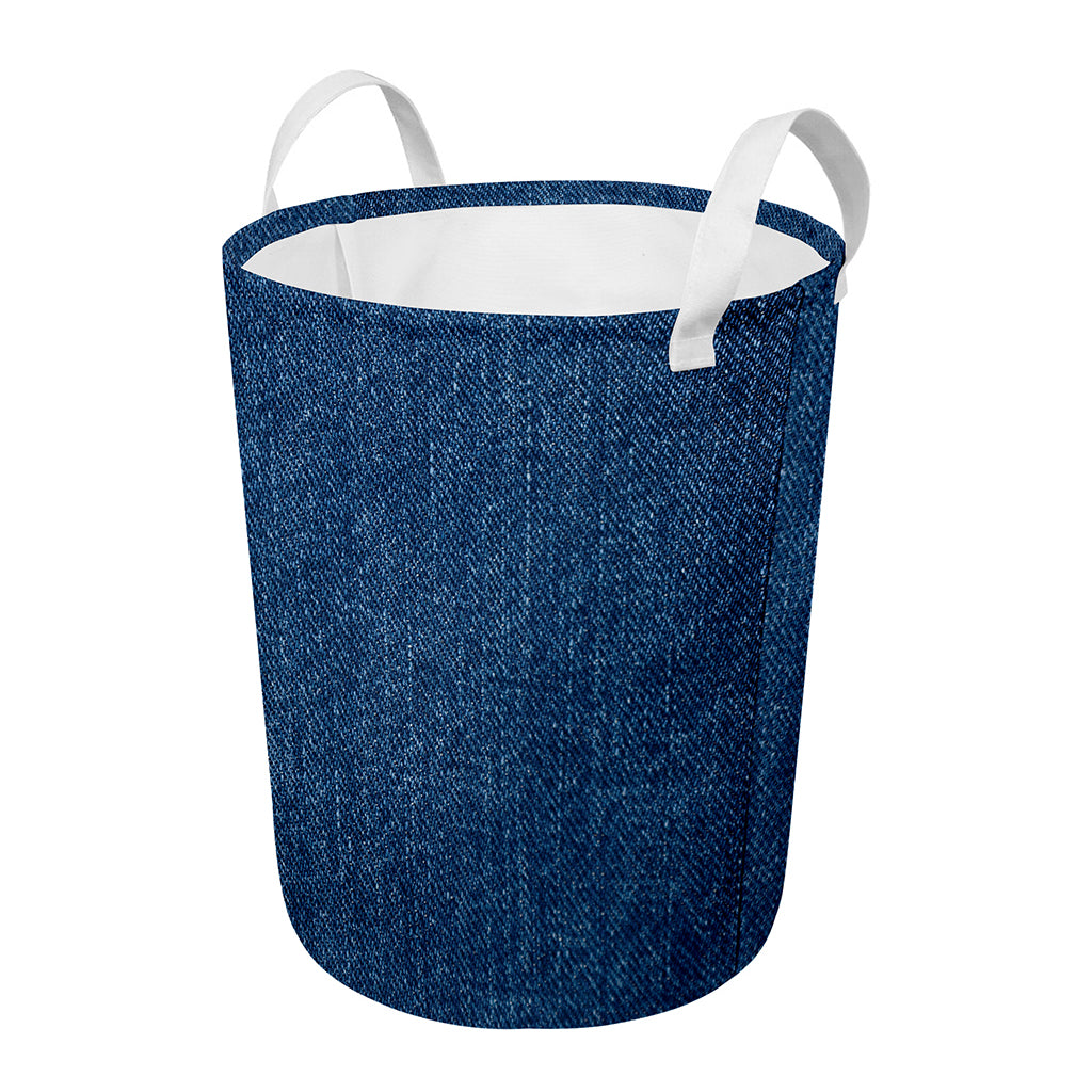 Navy Blue Denim Jeans Print Round Laundry Basket