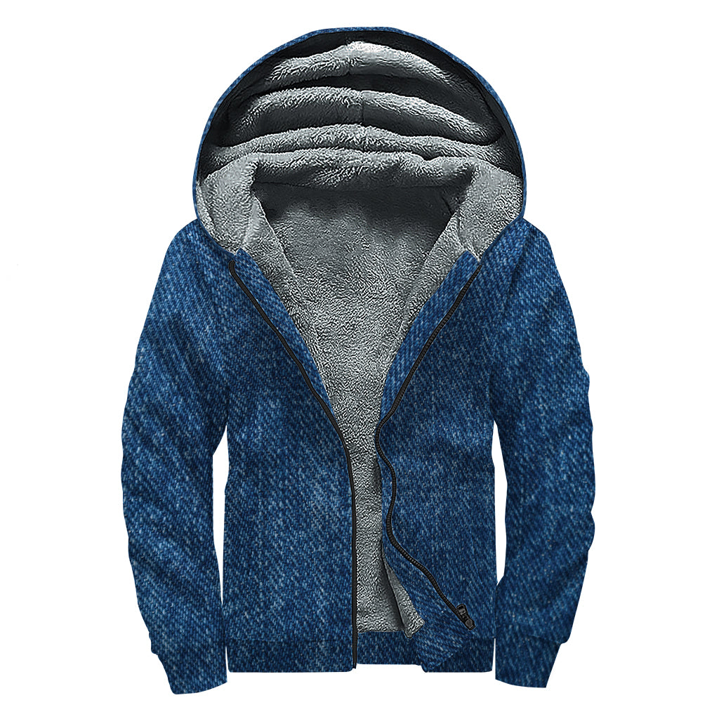 Navy Blue Denim Jeans Print Sherpa Lined Zip Up Hoodie