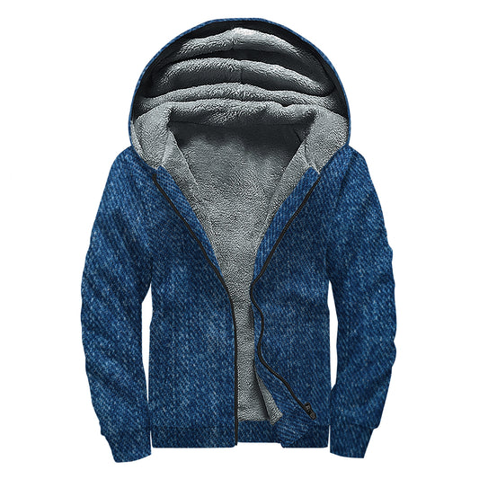 Navy Blue Denim Jeans Print Sherpa Lined Zip Up Hoodie