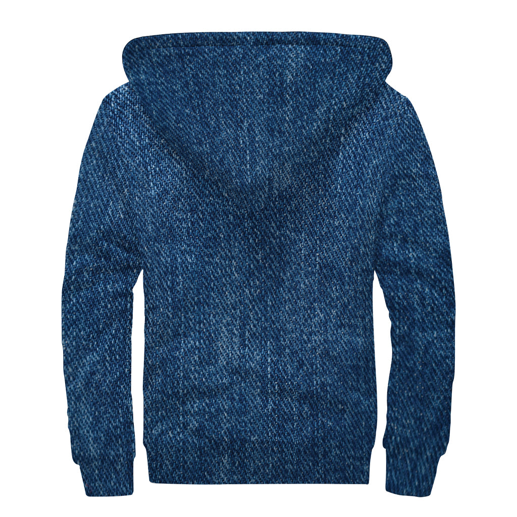Navy Blue Denim Jeans Print Sherpa Lined Zip Up Hoodie