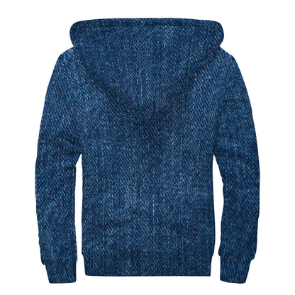 Navy Blue Denim Jeans Print Sherpa Lined Zip Up Hoodie
