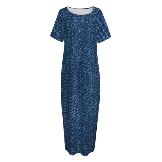 Navy Blue Denim Jeans Print Short Sleeve Long Nightdress