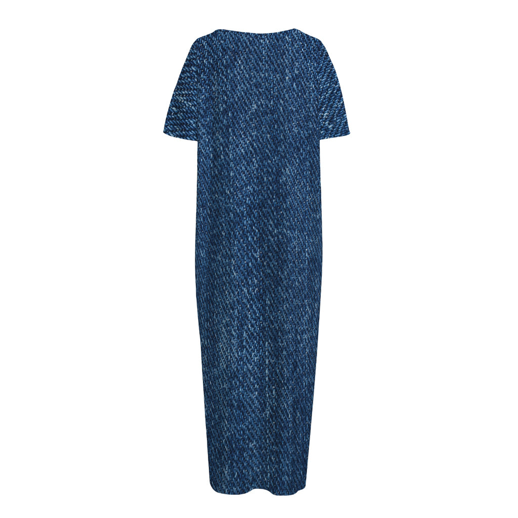 Navy Blue Denim Jeans Print Short Sleeve Long Nightdress