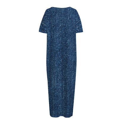 Navy Blue Denim Jeans Print Short Sleeve Long Nightdress