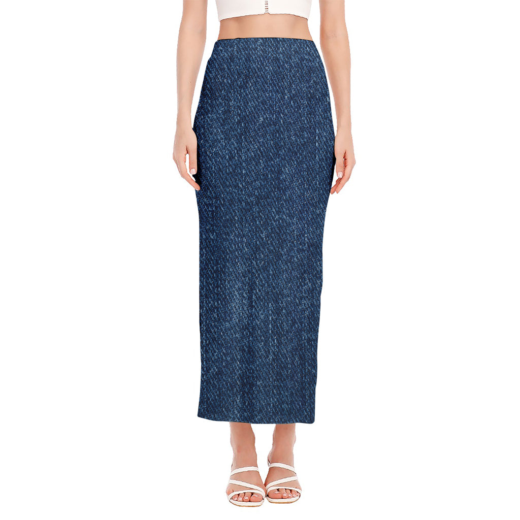 Navy Blue Denim Jeans Print Side Slit Maxi Skirt