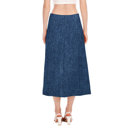Navy Blue Denim Jeans Print Side Slit Midi Skirt