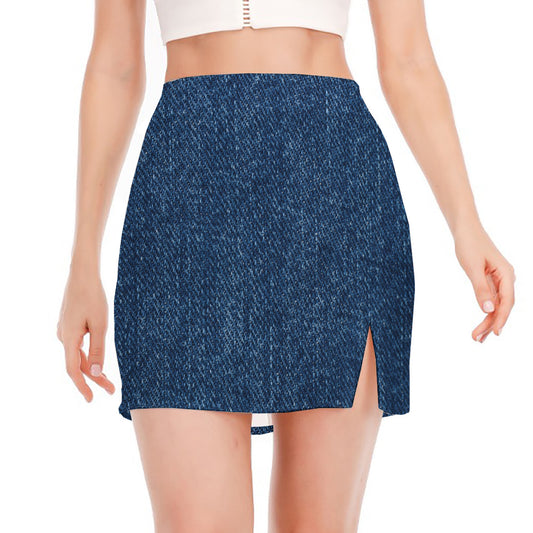 Navy Blue Denim Jeans Print Side Slit Mini Skirt