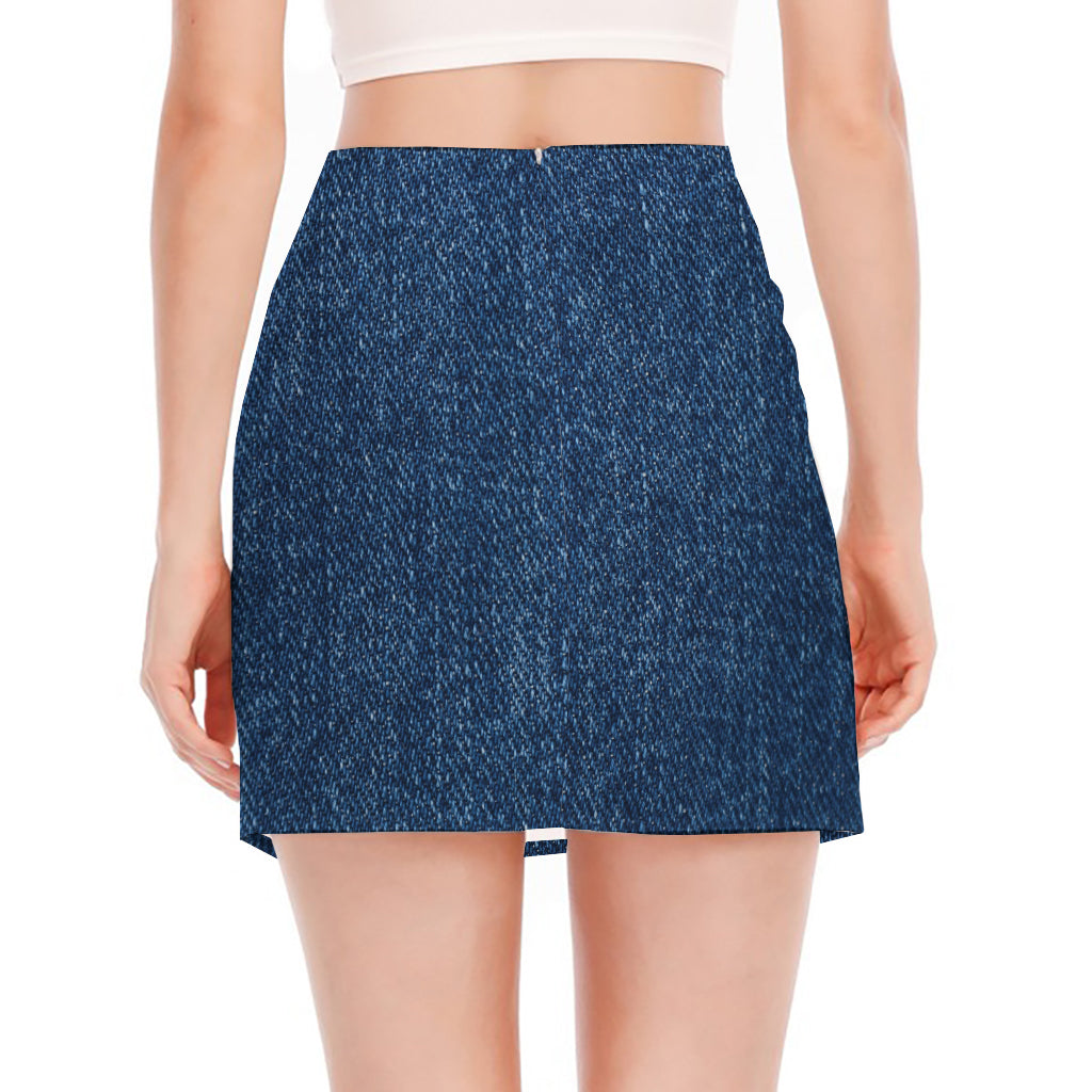 Navy Blue Denim Jeans Print Side Slit Mini Skirt