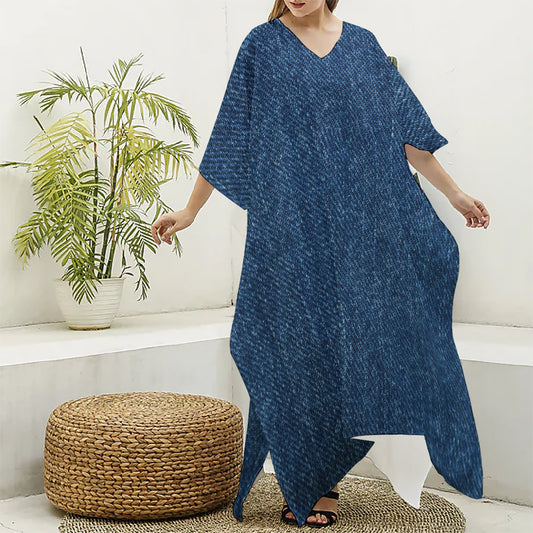 Navy Blue Denim Jeans Print Silk V-Neck Kaftan Dress