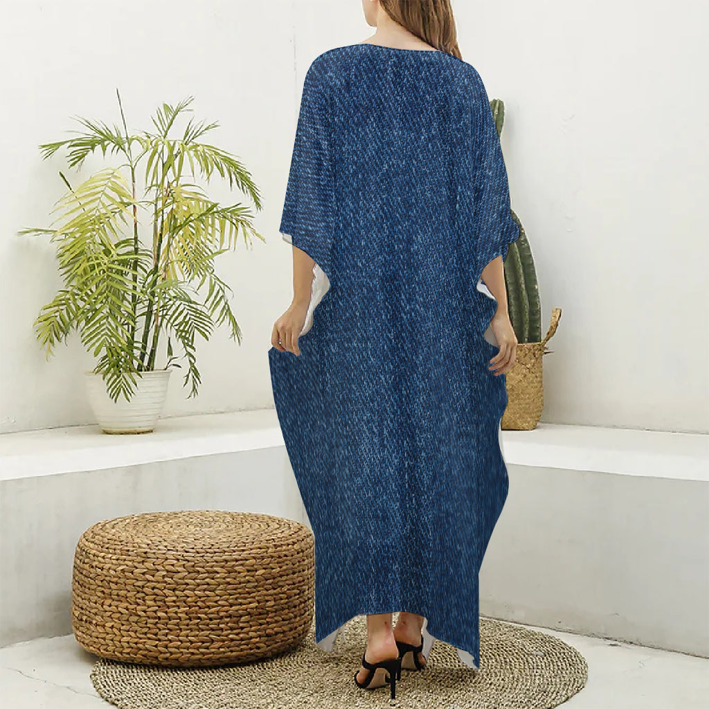 Navy Blue Denim Jeans Print Silk V-Neck Kaftan Dress