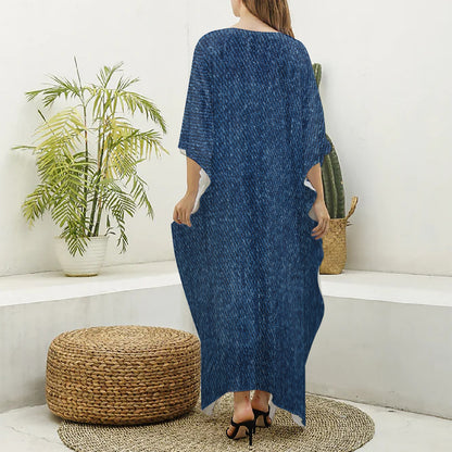 Navy Blue Denim Jeans Print Silk V-Neck Kaftan Dress