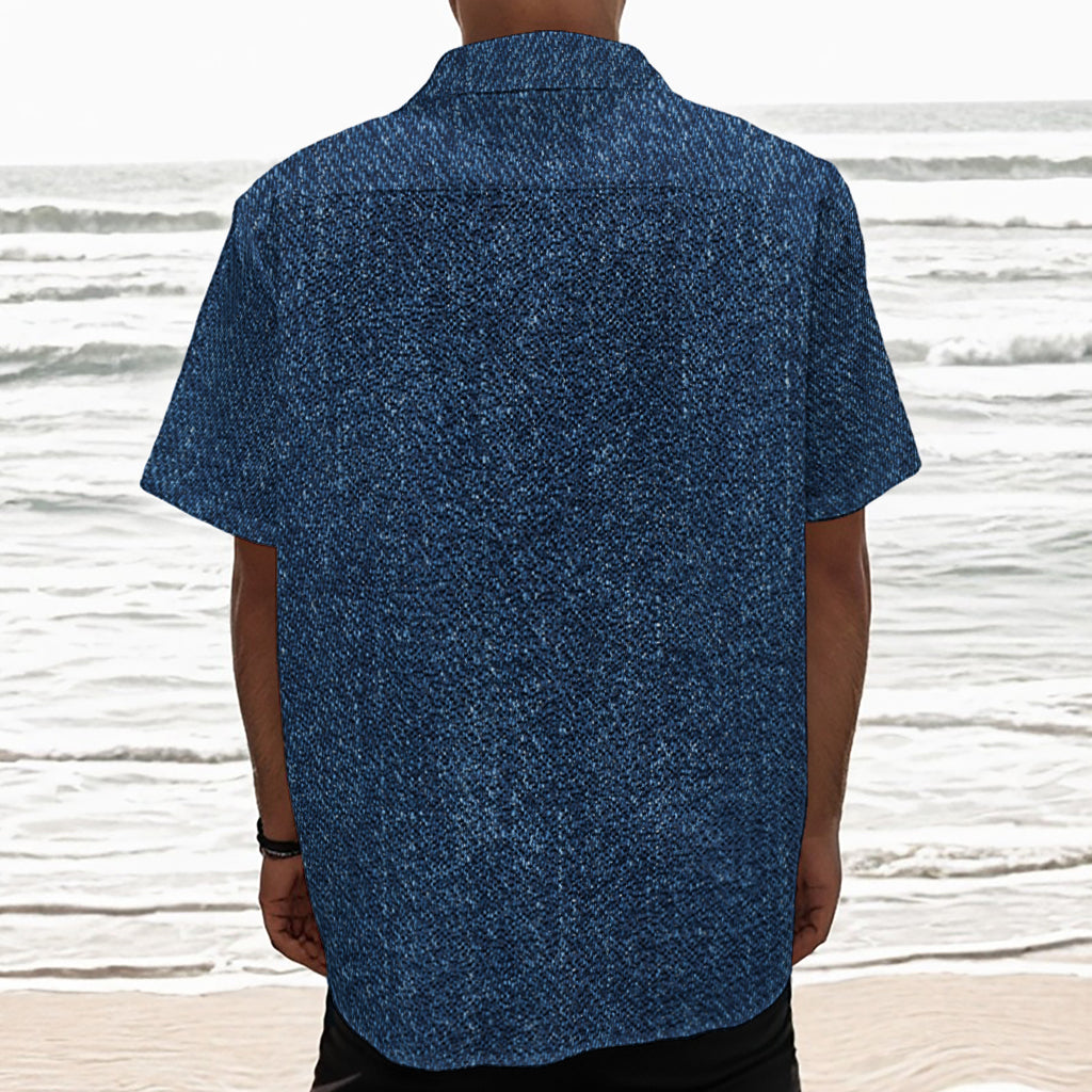 Navy Blue Denim Jeans Print Textured Short Sleeve Shirt