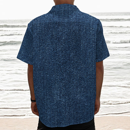 Navy Blue Denim Jeans Print Textured Short Sleeve Shirt