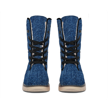 Navy Blue Denim Jeans Print Winter Boots
