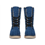 Navy Blue Denim Jeans Print Winter Boots
