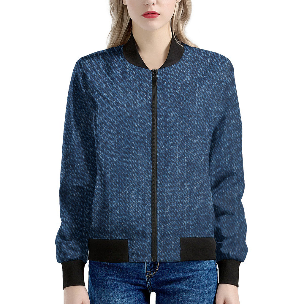 Navy Blue Denim Jeans Print Women's Bomber Jacket