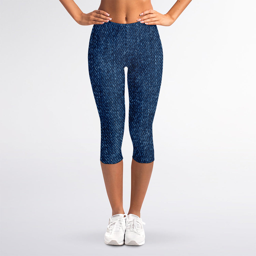 Navy Blue Denim Jeans Print Women's Capri Leggings
