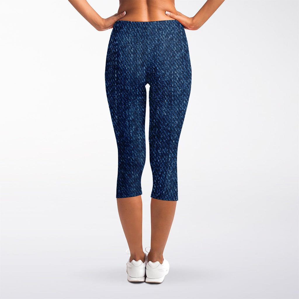 Navy Blue Denim Jeans Print Women's Capri Leggings