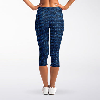 Navy Blue Denim Jeans Print Women's Capri Leggings