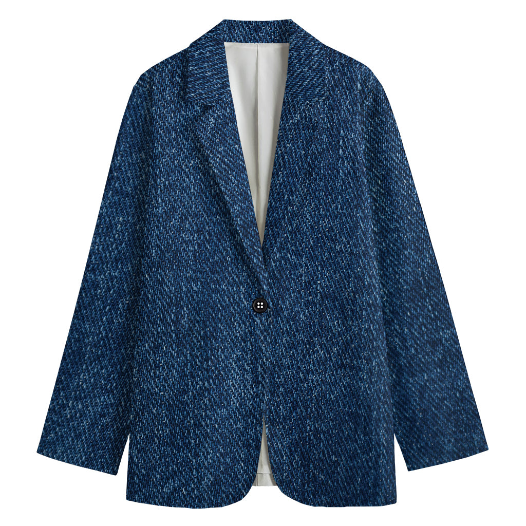 Navy Blue Denim Jeans Print Women's Cotton Blazer