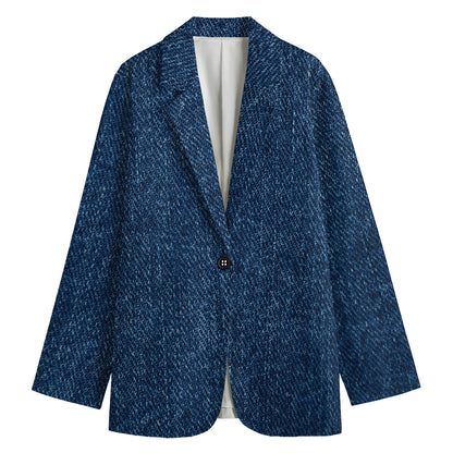 Navy Blue Denim Jeans Print Women's Cotton Blazer