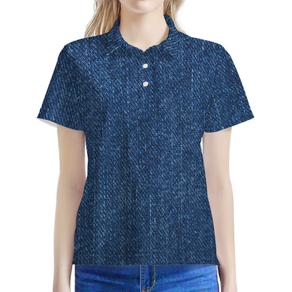 Navy Blue Denim Jeans Print Women's Polo Shirt