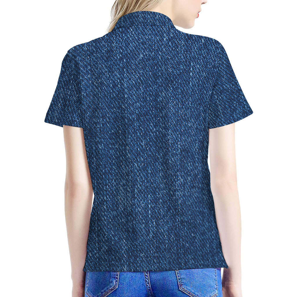 Navy Blue Denim Jeans Print Women's Polo Shirt