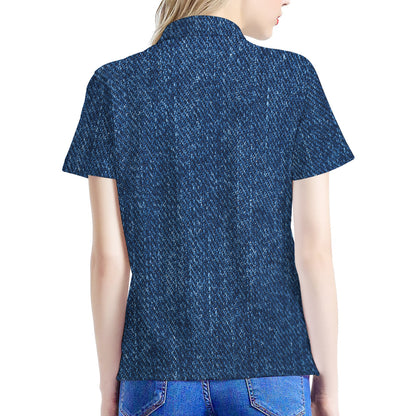Navy Blue Denim Jeans Print Women's Polo Shirt