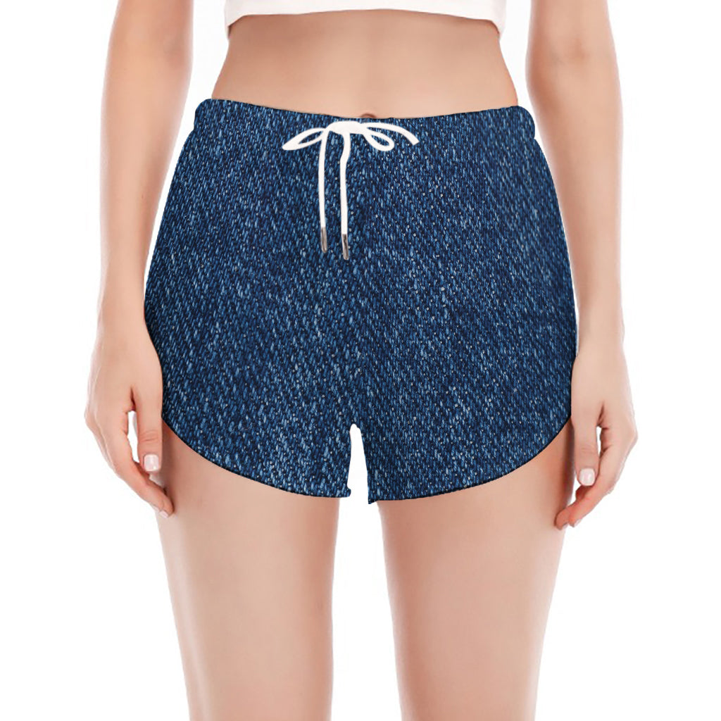 Navy Blue Denim Jeans Print Women's Split Running Shorts