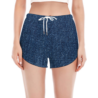Navy Blue Denim Jeans Print Women's Split Running Shorts