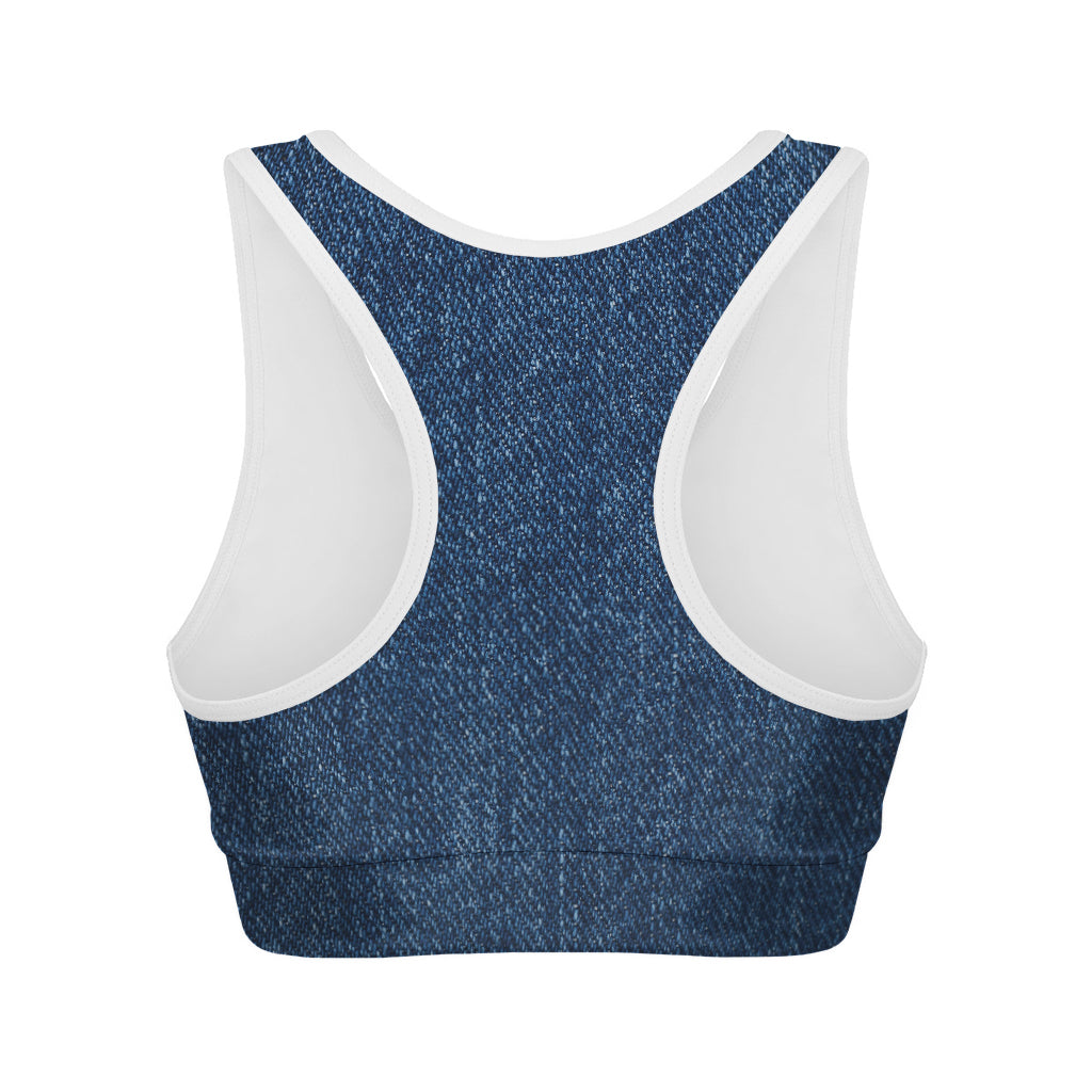 Navy Blue Denim Jeans Print Women's Sports Bra