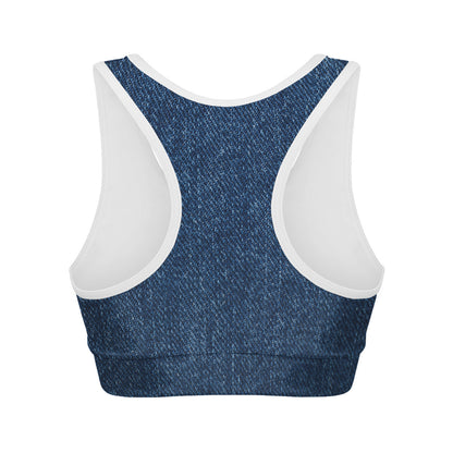 Navy Blue Denim Jeans Print Women's Sports Bra