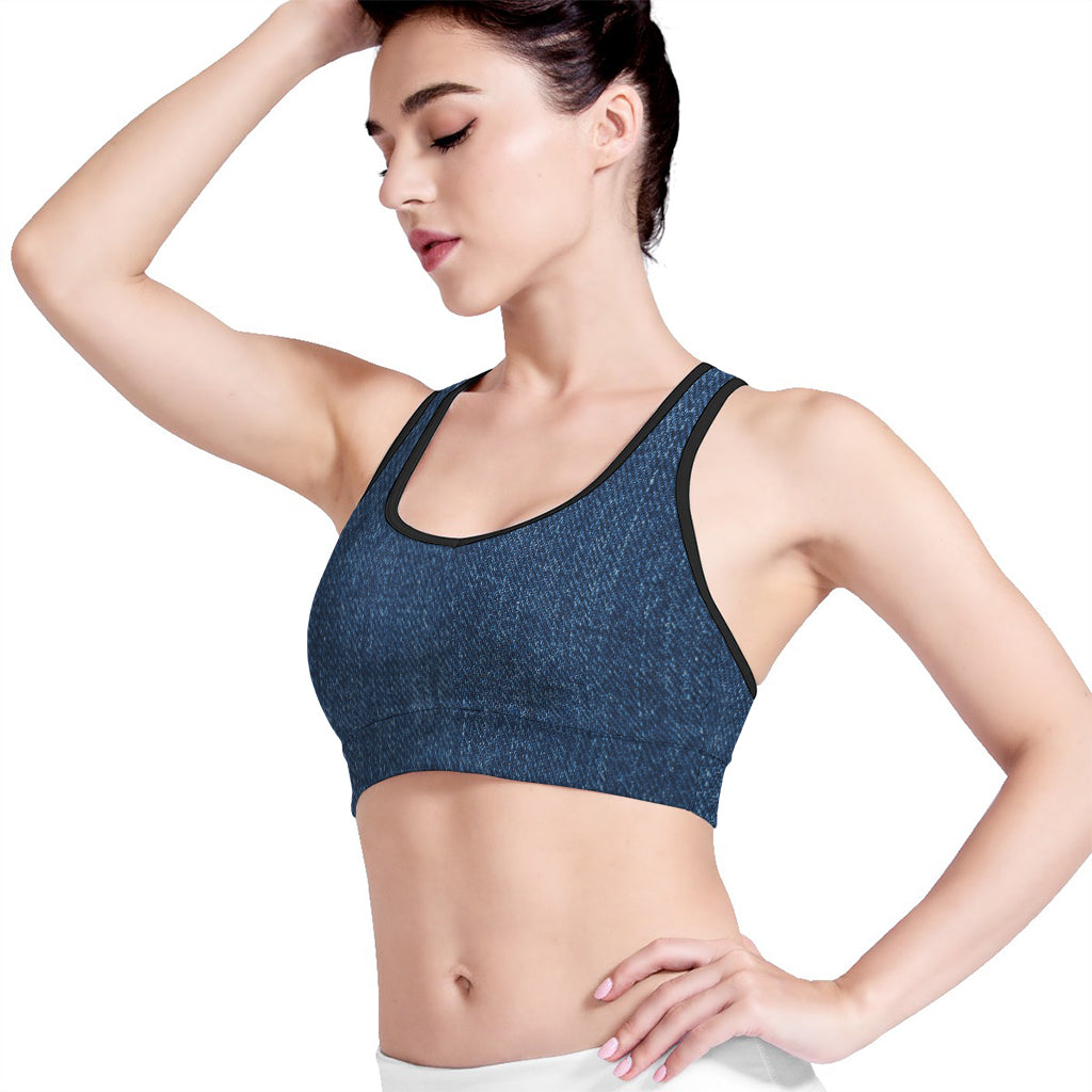 Navy Blue Denim Jeans Print Women's Sports Bra