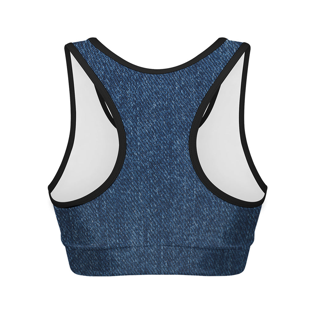 Navy Blue Denim Jeans Print Women's Sports Bra