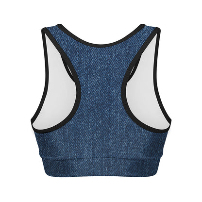 Navy Blue Denim Jeans Print Women's Sports Bra