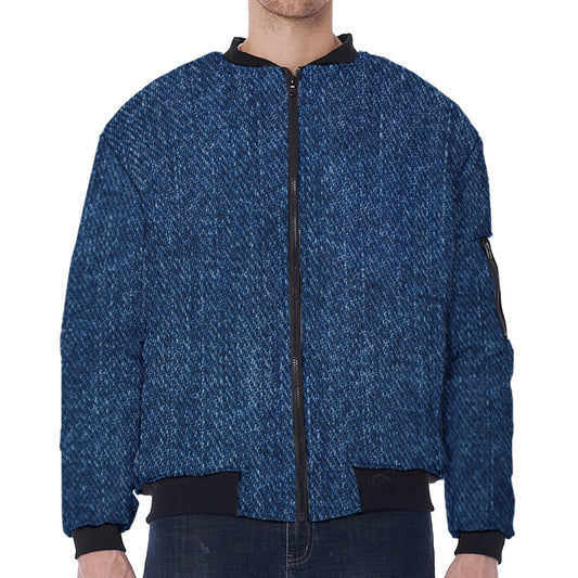 Navy Blue Denim Jeans Print Zip Sleeve Bomber Jacket