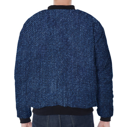 Navy Blue Denim Jeans Print Zip Sleeve Bomber Jacket