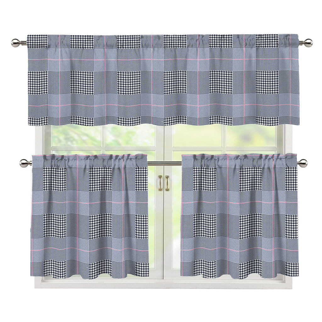 Navy Blue Prince of Wales Check Print 3 Piece Kitchen Curtains